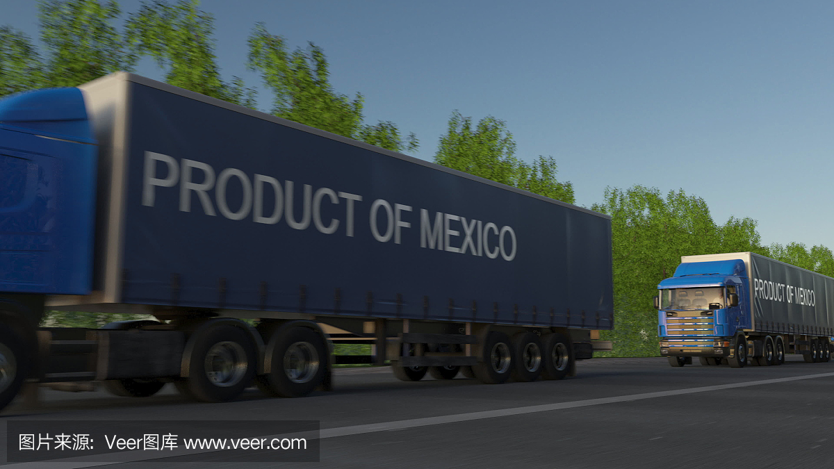 移动拖车上标有“墨西哥产品”说明的货运半挂车。道路货物运输。三维渲染