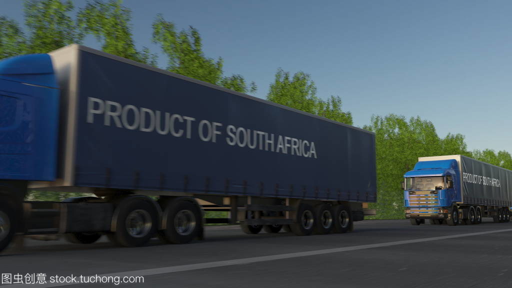 移动半货车与南非产品标题在拖车上。道路货物运输。3d 渲染